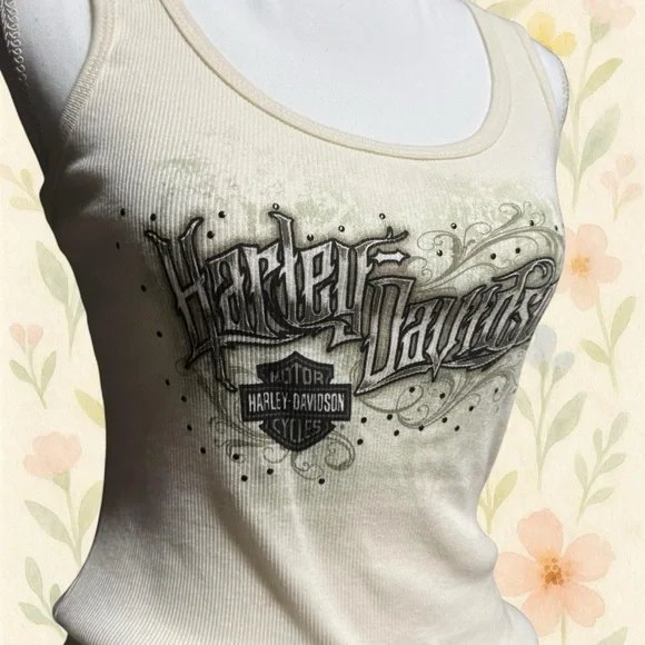 Harley Davidson White Ribbed Tank Top Studded Myrtle Beach NWT Women M 2010 Y2K - Picture 2 of 7